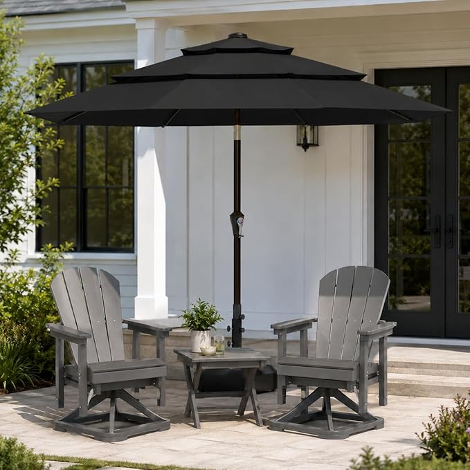 10ft Patio Umbrella, 3-Tier Vented Outdoor Table Umbrella with 8 Sturdy Fiberglass Ribs, Windproof Market Umbrella with Push Button Tilt and Crank, UV Protection for Deck, Pool, Black