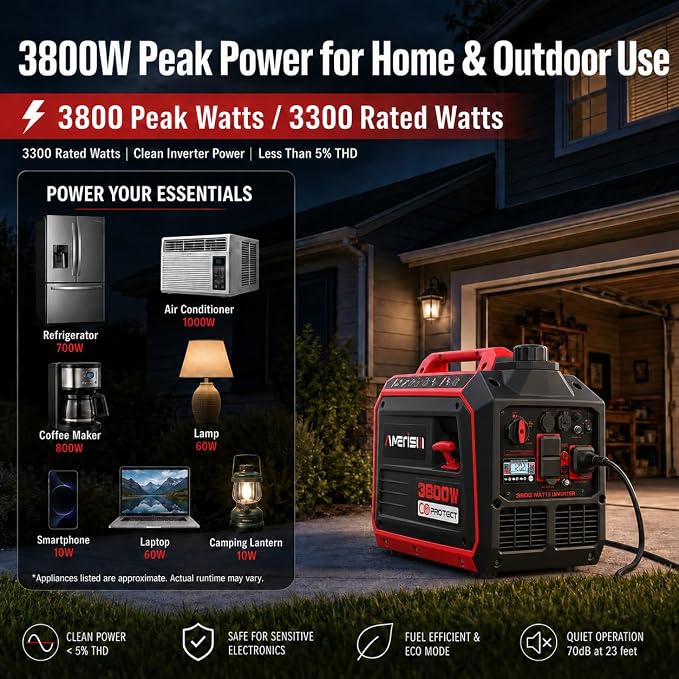 AMERISUN Portable Inverter Generator, 3800W Gas Powered Generator, Super Quiet for Home Use, ECO Mode, CO Sensor, Parallel Capable Long Run Time for Camping Tailgating, EPA Compliant