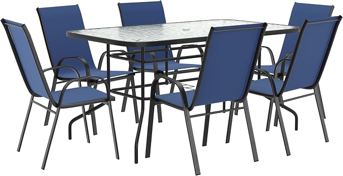 EMMA + OLIVER Seven Piece Indoor/Outdoor Dining Set - Metal Table with Tempered Glass Top - Six Navy Flex Comfort Chairs- Umbrella Hole - All Weather