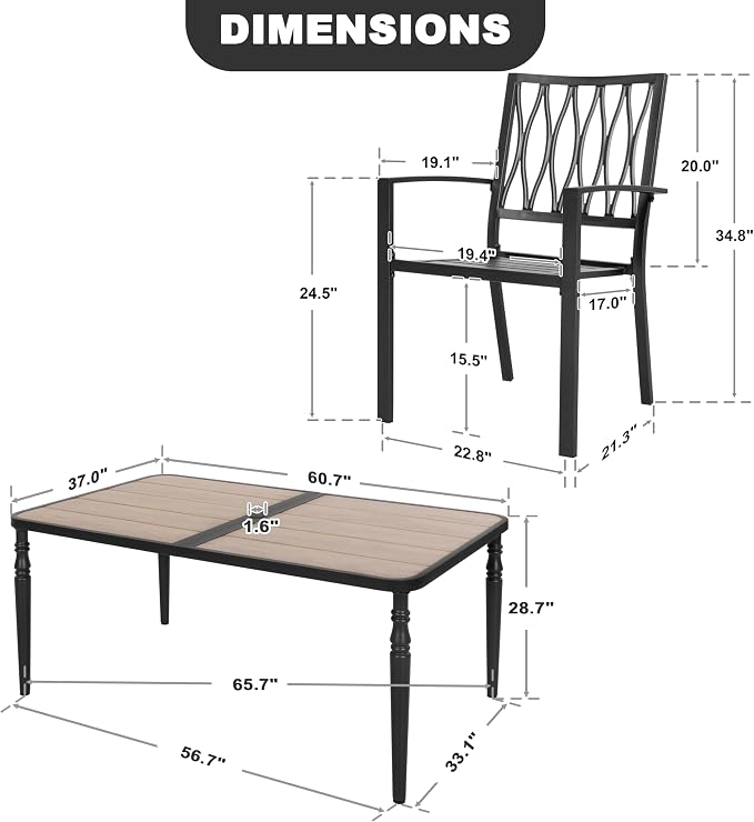 NUU GARDEN Outdoor 7-Piece Patio Dining Set, 6 Patio Chairs and 61" x 37" Rectangle Metal Dining Table with Umbrella Hole, Iron Frame Wood-Grain Tabletop, for Backyard, Deck, Garden, Black