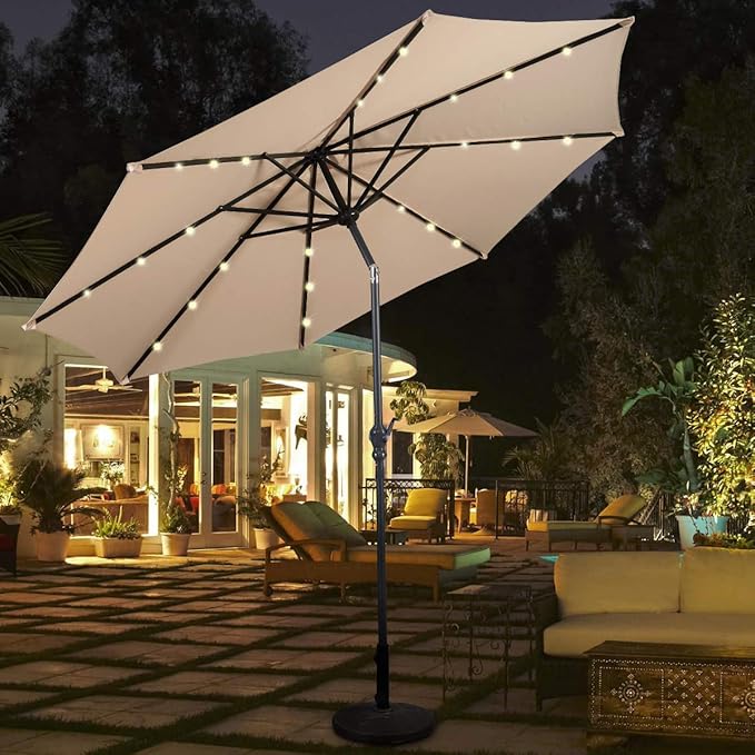Goplus SPSUPE Patio, Solar Powered Umbrella with 18 LED Lights, Beige, 9 ft (Patio Umbrella)