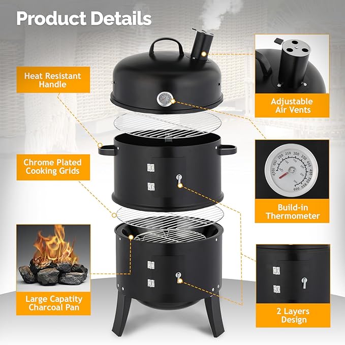 VINGLI Upgraded 18 Inch Vertical Charcoal Smoker, Multi-Layer Round Grill with Thermometer & Chimney, Heavy Duty Outdoor BBQ Smoker for Patio Parties, Backyard Cooking