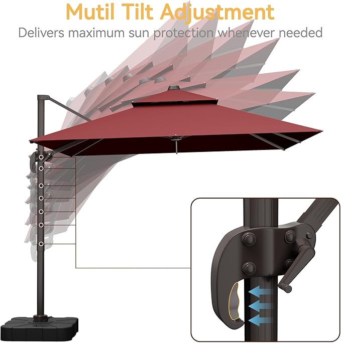 10x10 FT Patio Umbrella with Base, Large Cantilever Double Top Heavy Duty Offset Umbrellas with 360° Rotation, Outdoor shade for Garden Deck Pool, Red