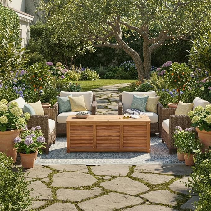 HOMGX Acacia Wood Deck Box with Teak Oil Finish, Sturdy Outdoor Storage Bench for Patio Garden Backyard, Versatile Patio Storage Box with Ventilated Slats & 355 lbs Capacity, 46 Gallon, Natural
