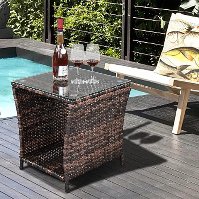 Rattan End Table Side Table, Glass Rattan Coffee Table for Outdoor Backyard Lawn Balcony Pool Square Tempered Glass Top Wicker Rattan End Table Furniture with Storage (Brown5)