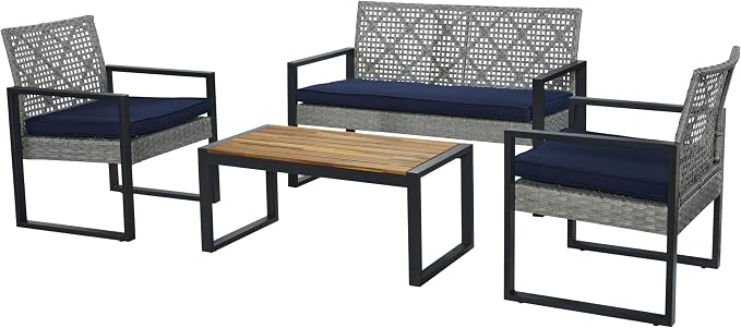 BEEFURNI Wicker Patio Furniture Outdoor Conversation Set of 4, Rattan Outdoor Furniture Set, Acacia Wood Table, 2 Chairs, 1 Loveseat, 2” Cushions, All Weather Set for Patio, Porch, Balcony (Gray)