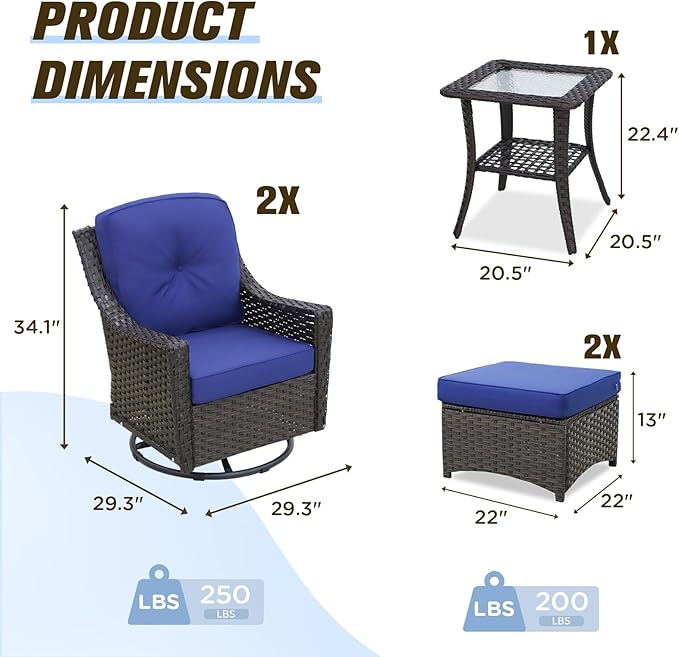 Stone Creek Outdoor Furniture Set with Swivel Rocking Chairs, Side Table & Ottomans, Wicker Patio Conversation Set, Balcony Furniture, 5 Piece, Brown/Blue