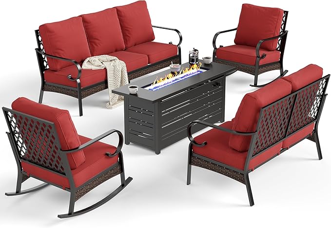 5 Piece Metal Outdoor Patio Furniture Sets with Firepit Table, Patio Conversation Sets 1 3-Seater Sofa, 1 Loveseat, 2 Rocking Chair with 5.75" Cushion for Backyard Deck, Rust Red