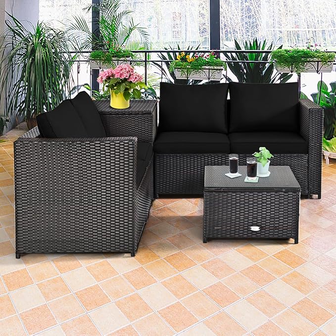 HAPPYGRILL 4 Pieces PE Rattan Wicker Conversation Set Outdoor Patio Furniture Sofa Set with Storage Box and Tempered Glass Coffee Table for Backyard Garden Porch