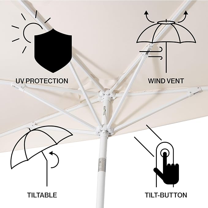 JONATHAN Y Terrace Scalloped 9 ft. Half Round Patio Umbrella with Crank Lift and Tilt, Coastal Semicircle Market Wall Umbrella for Balcony, Cream/White, White Pole UMB1202C