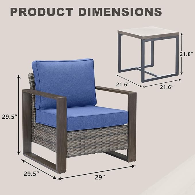 3 Piece Wicker Patio Furniture Set,Patio Bistro Set with 2 Rattan Armrest Chairs and 1 Side Table,Sturdy Frame,All-Weather PE Wicker,Wide Armrest,Deep Seating and Thick Cushions(Mixed Grey/Blue)