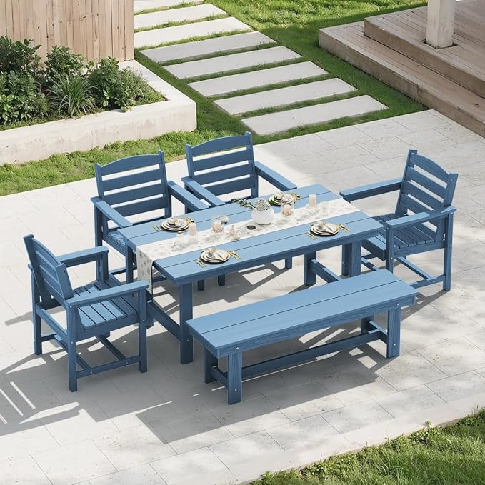 KINGYES 6-Piece Patio Dining Set, HDPE Outdoor Table and Chairs with Bench, Blue