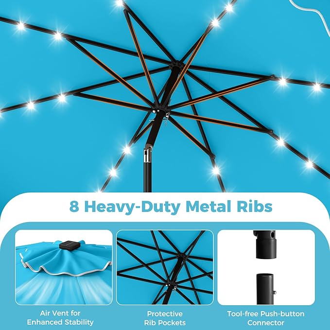 Tangkula 10 FT Solar Patio Umbrella with Base Included, 2-Tiers Outdoor Scalloped Table Umbrella with 32 LED Lights, 2 Sandbags, Tilt Adjustment, Crank, 8 Ribs for Market Backyard Pool Deck Beach Lawn (Turquoise, 10 FT)
