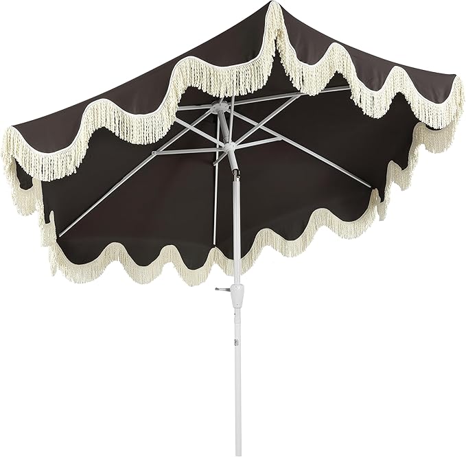 JONATHAN Y UMB1001 Collins 9 ft. Classic Cottage Tassel Market Patio Umbrella with Auto-Tilt, Crank, Wind Vent and UV Protection