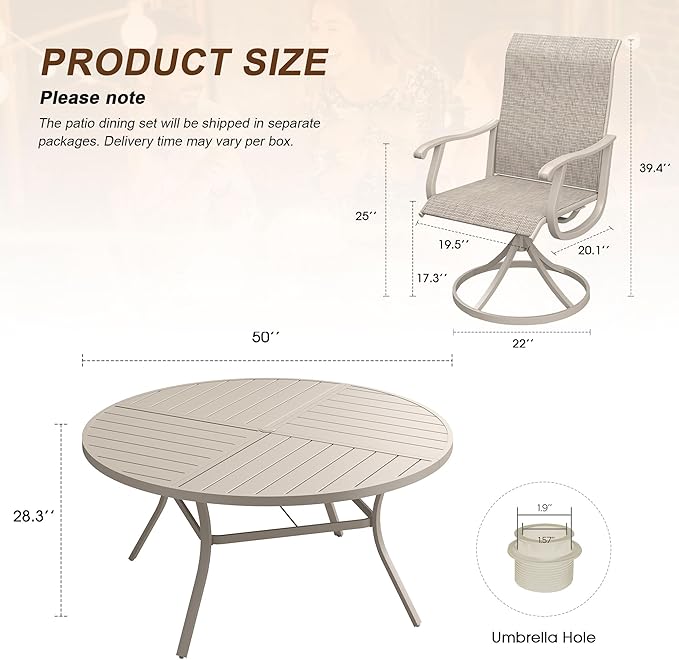 VICLLAX Patio 7 Pieces Outdoor Dining Set, 50" Round Metal Table with Umbrella Hole and 6 Swivel Textilene Chairs for Lawn, Garden, Porch, Sandshell