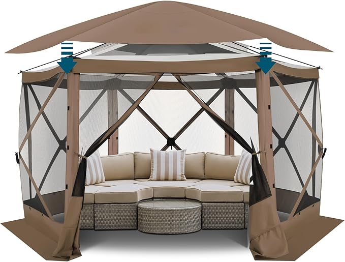 COBIZI 12x12 FT Pop Up Canopy Stargazing Tent, Gazebos On Clearance with Removable Roof, Screened in Gazebo, Screen Tents Portable carpas para Patio for Outdoor Camping,Backyard, Garden, Brown(Pro)