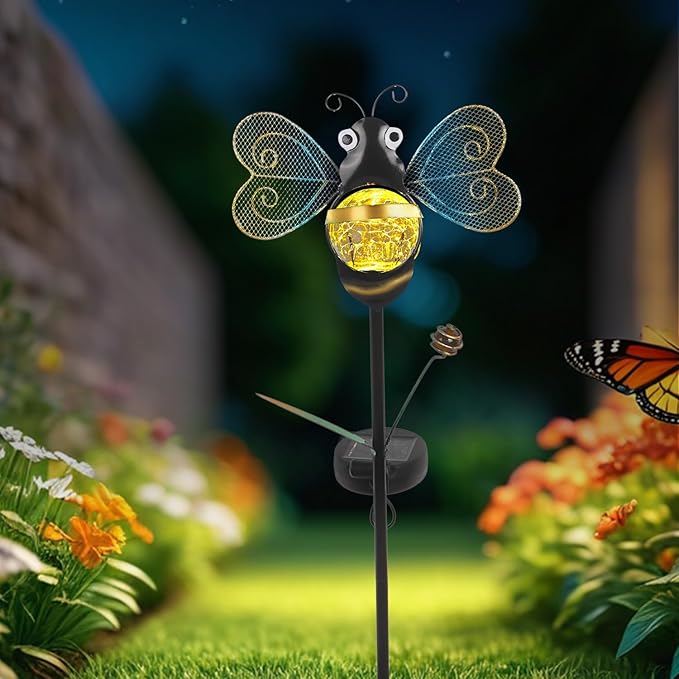 Solar Bee Garden Stakes Lights Outdoor Waterproof Metal Garden Stakes Decorative Bee Decor for Outside Yard Lawn Patio Decorations Whimsical Solar Lights Outdoor Housewarming Gardening Gifts for Women