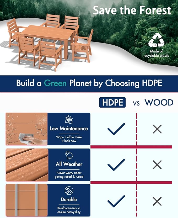 BRIOPAWS Outdoor-Dining-Set | 7 Piece | HDPE | 67" Patio Table and Chairs Sets for 6 | Patio Dinner Furniture | All Weather | Umbrella Hole | for Poolside Deck Backyard Outdoors | Teak