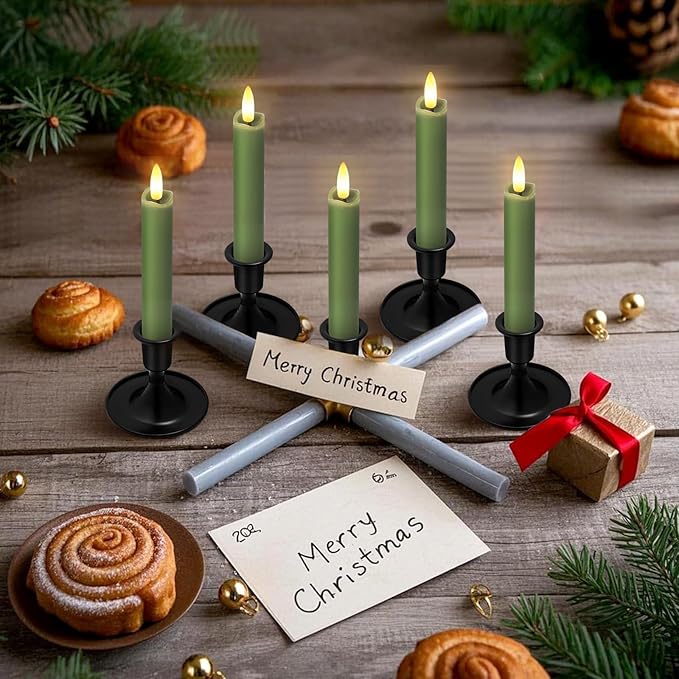 KSWING Upgraded Real Wax Short LED Flameless Taper Candles with Remote, 6 PCS Winter Moss Candlesticks Battery Operated 3D Flickering for Home/Wedding/Fireplace Xmas Decor