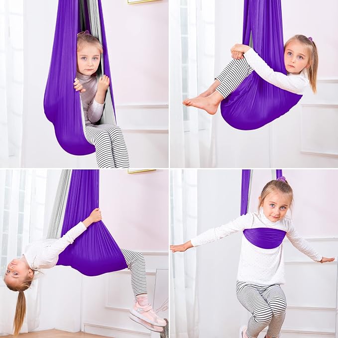 Therapy Swing Hammock Kids Cuddle Sensory Swing Indoor Therapeutic Hammock 360° Rotating Double Layer Elastic Rocking Cloth Swing Gifts for Children with ADHD SPD Asperger Autism (Purple+Grey)