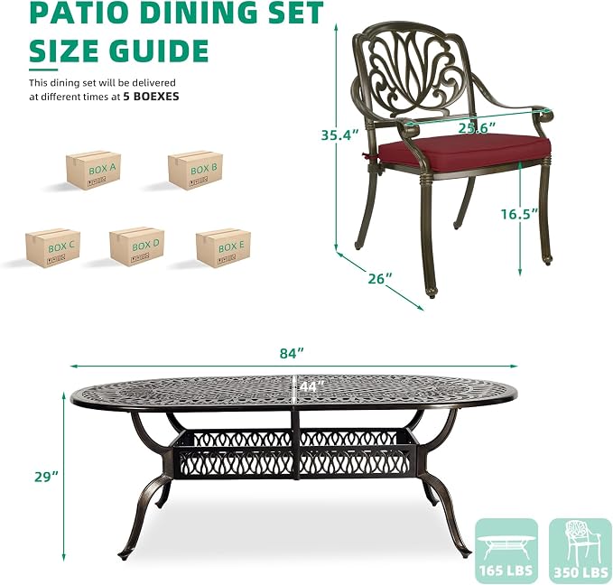 VIVIJASON 9-Piece Outdoor Furniture Dining Set, All-Weather Cast Aluminum Patio Conversation Set, Include 8 Cushioned Chairs and an Oval Table with Umbrella Hole for Balcony Lawn Backyard, Red Cushion