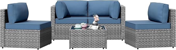 Patio Furniture Sets, 5 Piece Outdoor Sectional Sofas, Wicker Rattan Outdoor Furniture Patio Conversation Set, All-Weather PE Rattan Outdoor Couch for Backyard, Garden, Gray & Aegean Blue