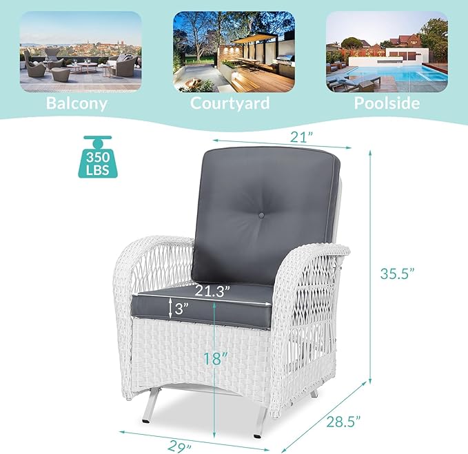 MEETWARM Patio Wicker Rocking Glider Set, All-Weather Outdoor Rattan Patio Rocking Chairs of 2, Patio Conversation Set with Thickened Cushions for Garden Porch & Backyard, White Wicker/Grey