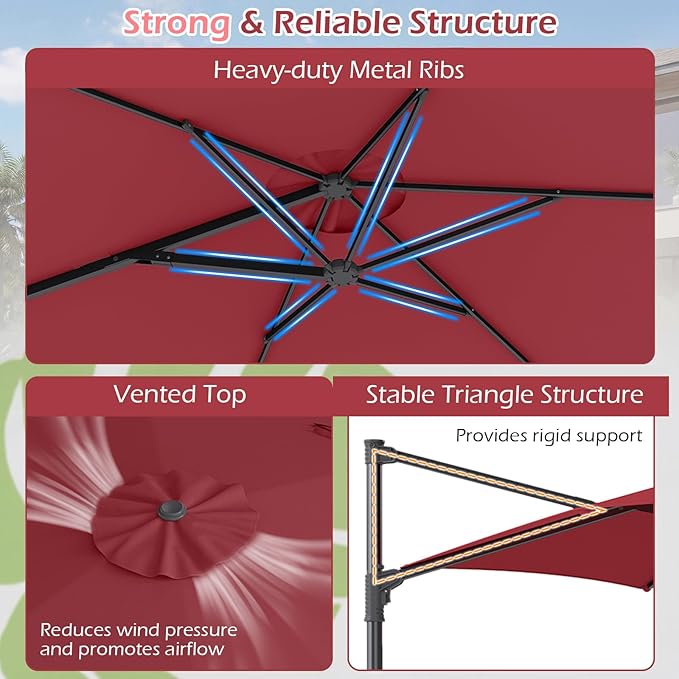 Tangkula 10FT Patio Umbrella, Offset Cantilever Outdoor Umbrella with 360 Degree Rotation, Air Vent, Cross Base for Pool Deck Garden Backyard (Wine)