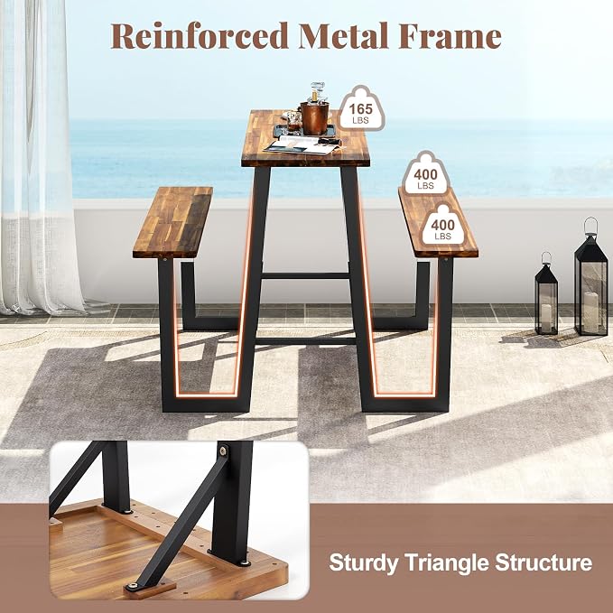 Tangkula Acacia Wood Picnic Table, 4-Person Outdoor Rectangular Table and Bench Set with 2 Built-in Benches, Footrests, Umbrella Hole, Heavy-Duty Metal Frame for Backyard, Poolside, Garden (Natural)