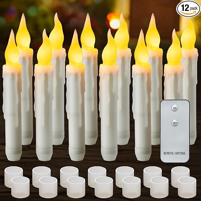 12 Pack LED Taper Candles Battery Operated with Remote, Flameless Flickering Halloween Floating Candle Lights Outdoor Electric Fake Candle Bulk for Chandelier Holder Christmas Party Decorations