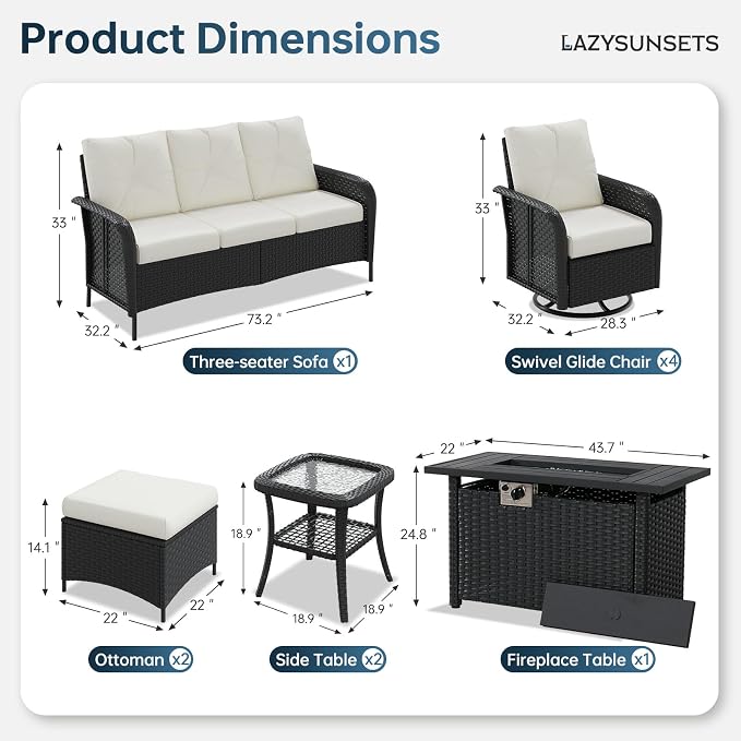 LazySunsets Luxury 12-Piece Patio Furniture Set with 44'' Fire Pit Table, 360° Swivel Chairs, Wicker Rattan Sofa & Thick Cushions, Outdoor Conversation Set for Backyard, Poolside & Garden, Black/Beige