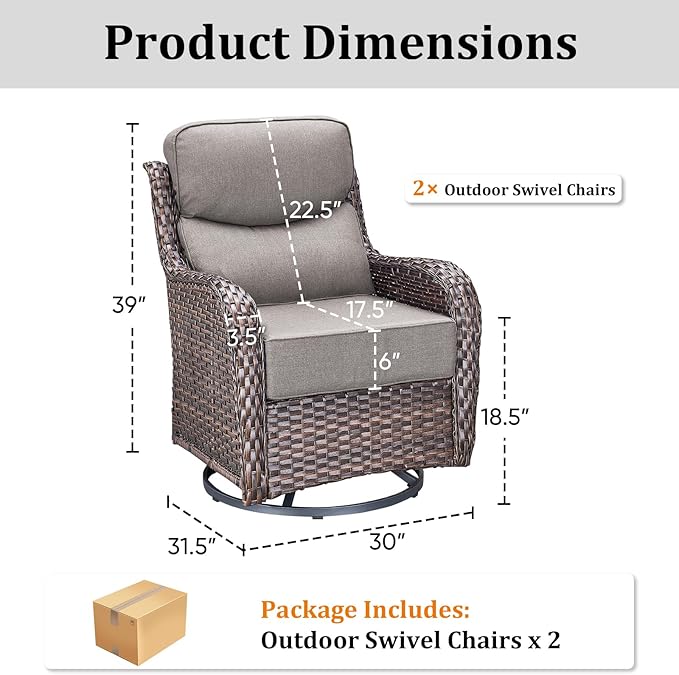 Luxury Outdoor Swivel Rocker Patio Chairs Set of 2 with 6-Inch Thick Cushions, High Back Swivel Patio Chairs Wicker Outdoor Gliders for Porch, Yard, Deck, Poolside, Brown/Grey