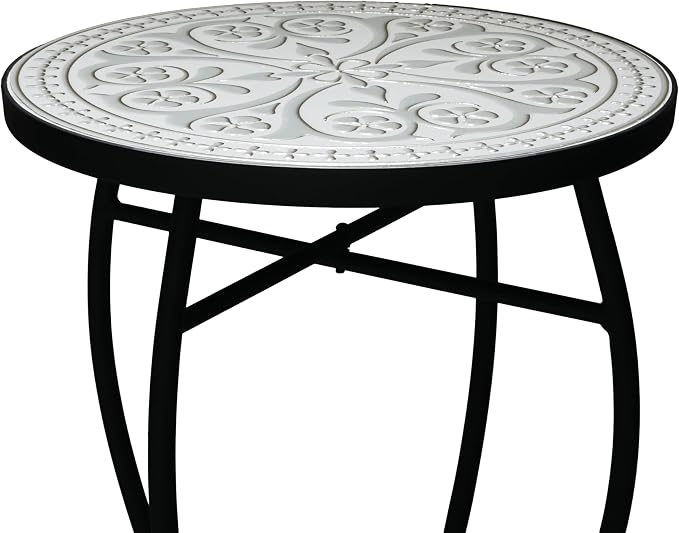 Christopher Knight Home Lora Small Outdoor Side Table with Curved Legs, Patio Decorative End Table for Garden Porch Backyard, Mosaic-Style Round Tabletop, Durable Iron Frame, Grey + Black