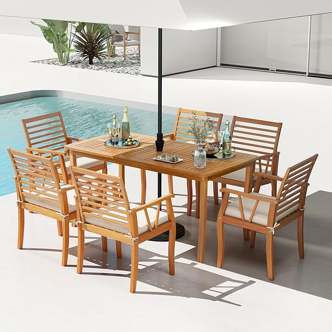 Tangkula 7 Pieces Acacia Wood Patio Dining Set, Outdoor Table and Cushioned Chairs Set with 1.97” Umbrella Hole, Outside Dining Furniture Set for Deck, Garden and Backyard