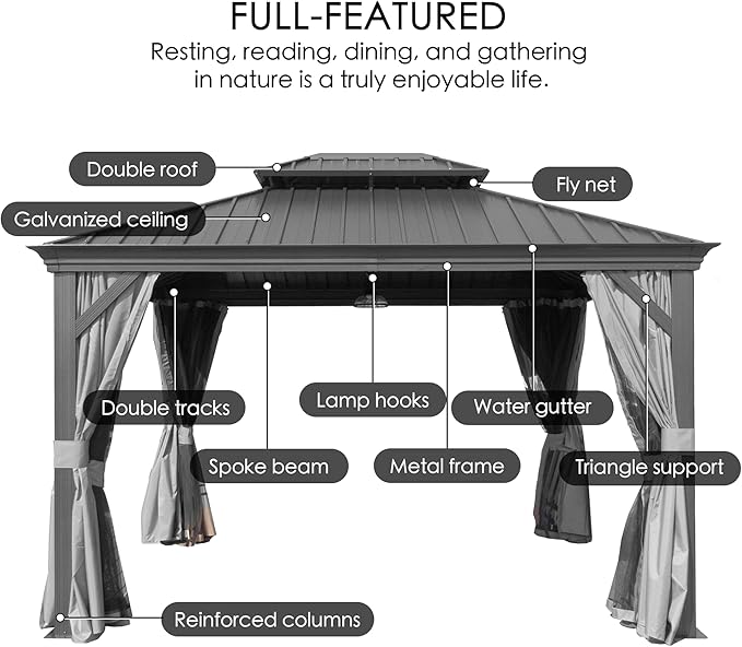 Kozyard Alexander 12' x 14' Hardtop Gazebo, Aluminum Frame with Galvanized Steel Double Roof, Outdoor Permanent Pavilion with Curtains and Netting for Patio, Backyard, Deck, Lawn (Gray)