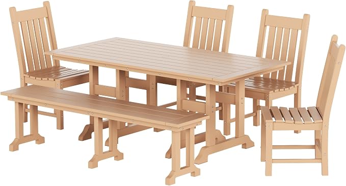 WestinTrends Malibu 6 Piece Outdoor Dining Set with Bench, All Weather Poly Lumber Patio Table and Chairs Set, 71" Trestle Dining Table with Umbrella Hole, 5 Patio Chairs with Bench, Teak