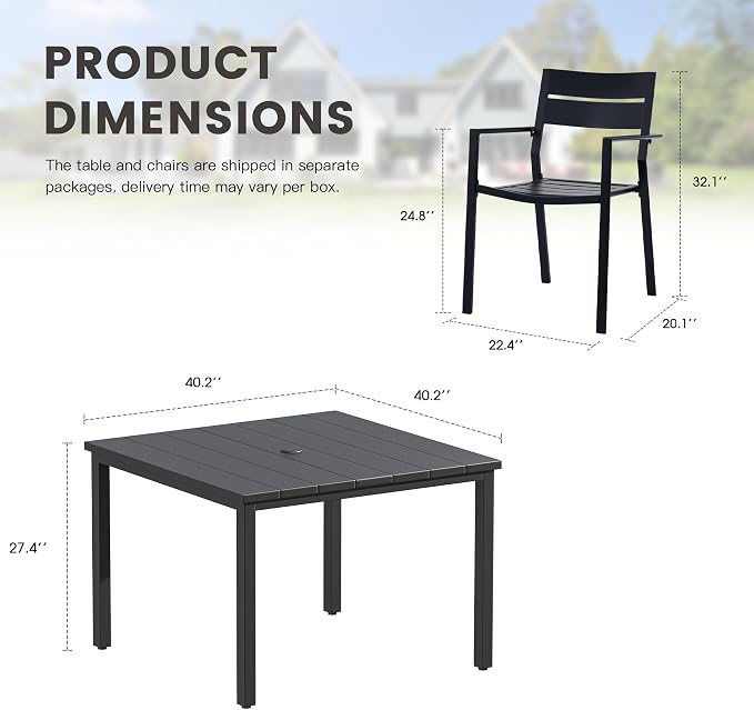 Patio Dining Set for 4, 40.2" Outdoor Dining Table and Chairs Set with Stackable Patio Chairs Outdoor Furniture for Garden Deck Backyard, Black Table and Black Chairs
