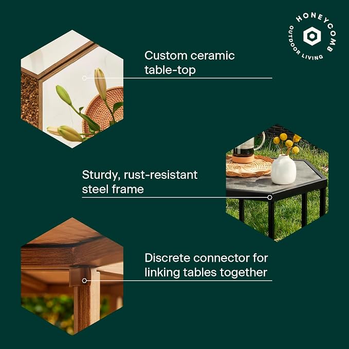Honeycomb Indoor/Outdoor Omni Table: Weather, Rust, Heat, and Stain Resistant, Flexible Design to Stand Alone or be Combined, Stylish Yet Sturdy, White Tile Top, Steel Frame with Ebony Finish