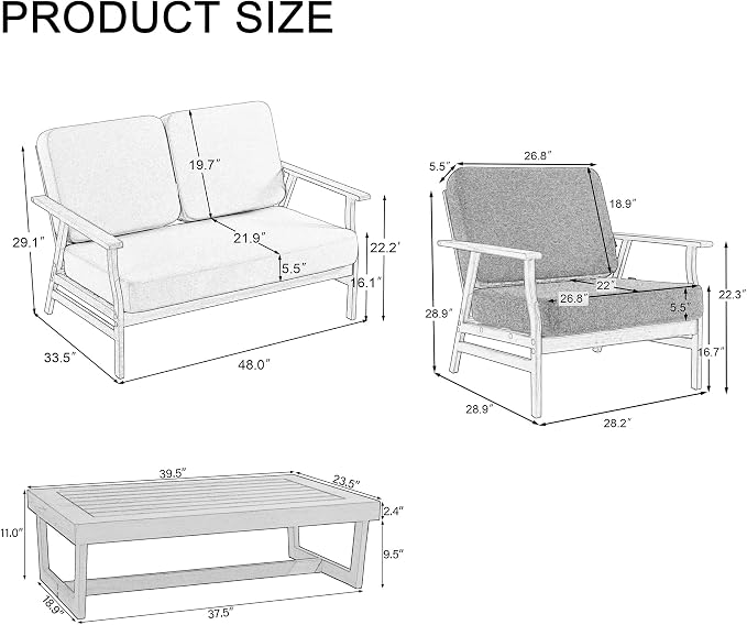 4 Pieces Patio Furniture Sets, Teak Wood Outdoor Sectional Furniture with Coffee Table, 4 Seats Patio Sofa Couch Conversation Set for Backyard Deck - Light Camel