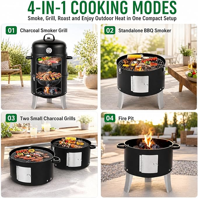 16.5 Inch Charcoal Smoker for Meat, Vertical Smoker Grill, Small Smoker for Backyard, Patio and Parties | 4-in-1 BBQ Smoker with Built-In Thermometer, Adjustable Air Vent, 2 Cooking Racks