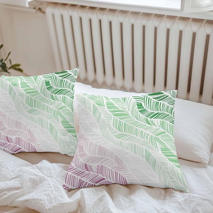 Vandarllin Outdoor Throw Pillows Covers 16x16 inch Set of 2 Waterproof Summer Beach Decorative Zippered Cushion Covers for Patio Furniture, Ombre Green Abstract Leaf Lines Lumbar Pillowcases