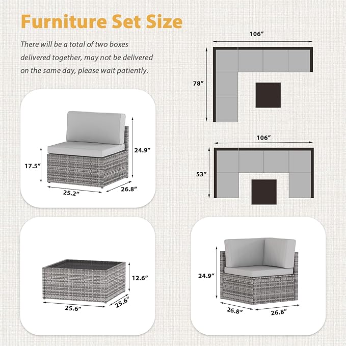 AECOJOY 7 Piece Outdoor Patio Furniture Set, Outdoor Sectional Conversation Furniture Chair with Coffee Table,Patio Sectional for Garden,Backyard(Grey Cushions and Grey PE Rattan)