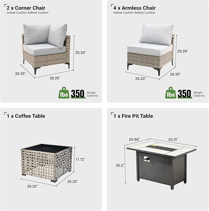 8 Pcs Patio Furniture with Fire Pit Table, Outdoor Rattan Wicker Conversation Set with Glowing Coffee Table, Comfy Sectional Sofa for Porch Balcony Backyard Pool, Light Grey