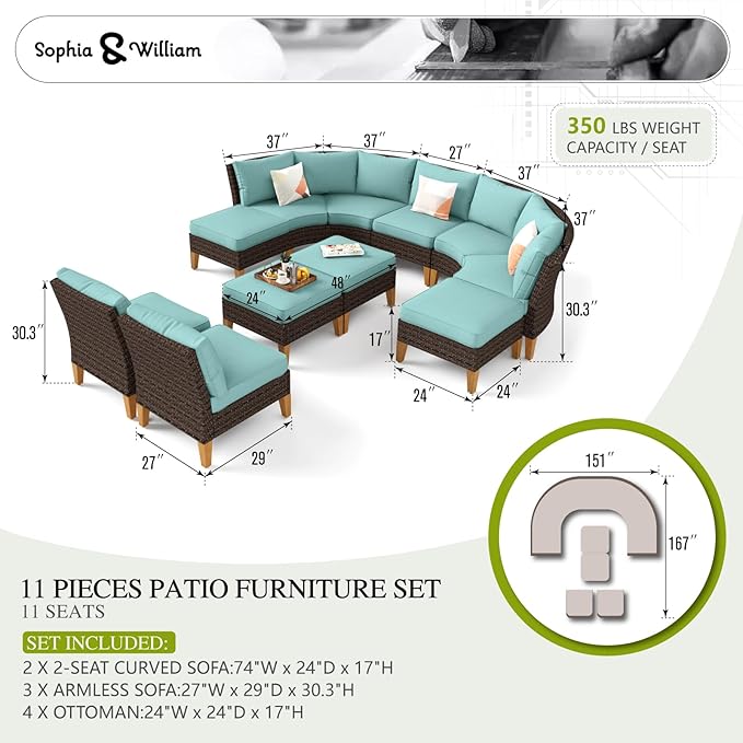 Sophia & William Outdoor Wicker Sectional Sofa Set, 11 Piece Half Moon Curved Patio Furniture Modern Round Outdoor Couch Conversation Set with Ottoman for Backyard, Pool, Garden(Aqua Blue)