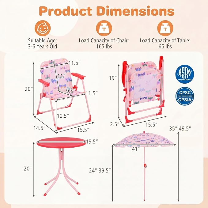 KOTEK Kids Picnic Table with Umbrella, Outdoor Table & 2 Folding Chairs, Cute Pattern Children’s Patio Furniture, Portable Kids Table and Chair Set for Backyard, Garden, Beach (Pink Butterfly)