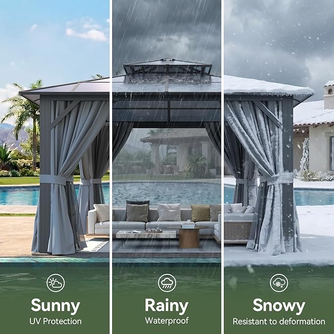 12’x12’ Hardtop Gazebo with Double Polycarbonate Roof Outdoor Metal Gazebo Sturdy Aluminum Frame & Removable Curtains, Netting Permanent Pavilion Pergola for Garden,Patio,Lawn (Gray)