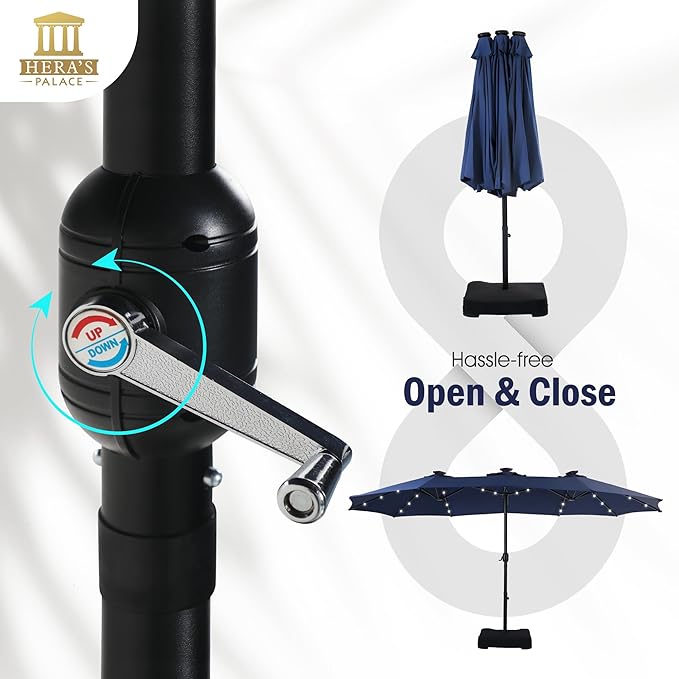 HERA'S PALACE 15ft Patio Umbrella with Base Included Double Sided Outdoor Umbrella for Patio Table Umbrella Outdoor 36 LED Solar Lights for Garden