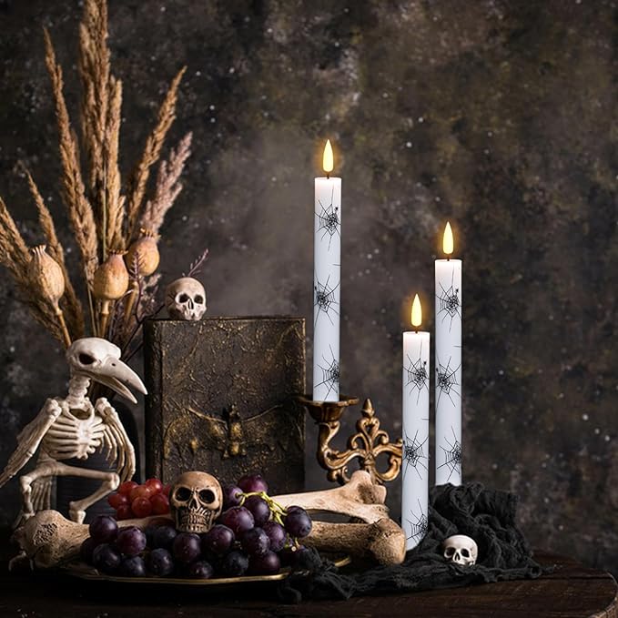 Eldnacele Halloween Flameless Taper Flickering Candles with Remote and Timer, Battery Operated Cobweb Decal Real Wax 3D Wick LED Candles White 4 Pack for Dinner Holiday Spooky Halloween Decor