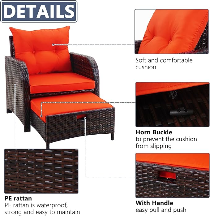 5 Pieces Wicker Patio Chairs Set with Ottomans, Orange Cushioned Lounge Chairs Set of 2 with Ottoman, PE Rattan Outdoor Furniture with Ottoman Set for Balcony Porch