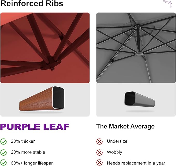 PURPLE LEAF Cantilever Umbrella with Base Outdoor Round Umbrellas Large Cantilever Umbrella Windproof Offset Heavy Duty Sun Umbrellas for Garden Deck Pool Patio, 12ft Brick Red